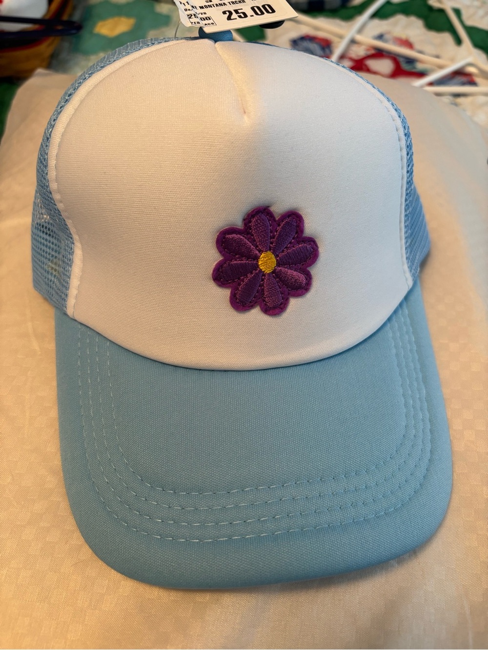 Light Blue & White Trucker snap back Hat with Purple Flower